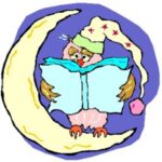 Here's an alt tag for the image: Sleepy owl reading on crescent moon.